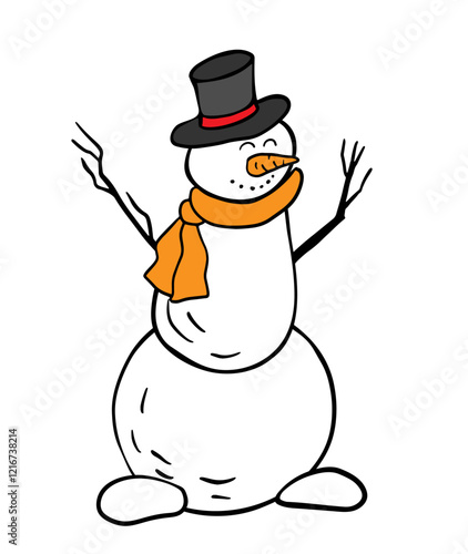 snowman with a black top hat, orange scarf, stick arms, a carrot nose, and a smiling face. The design is playful and simple for New Year card, print, brochures, poster design.