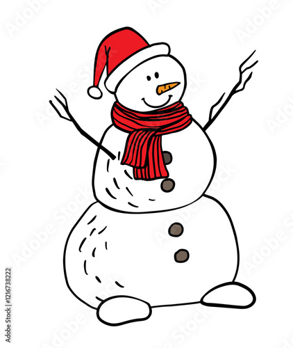 Cute illustration of a snowman in doodle style, he is wearing knitted red hat, scarf. Flat vector character isolated white background for New Year card, print, brochures, poster design