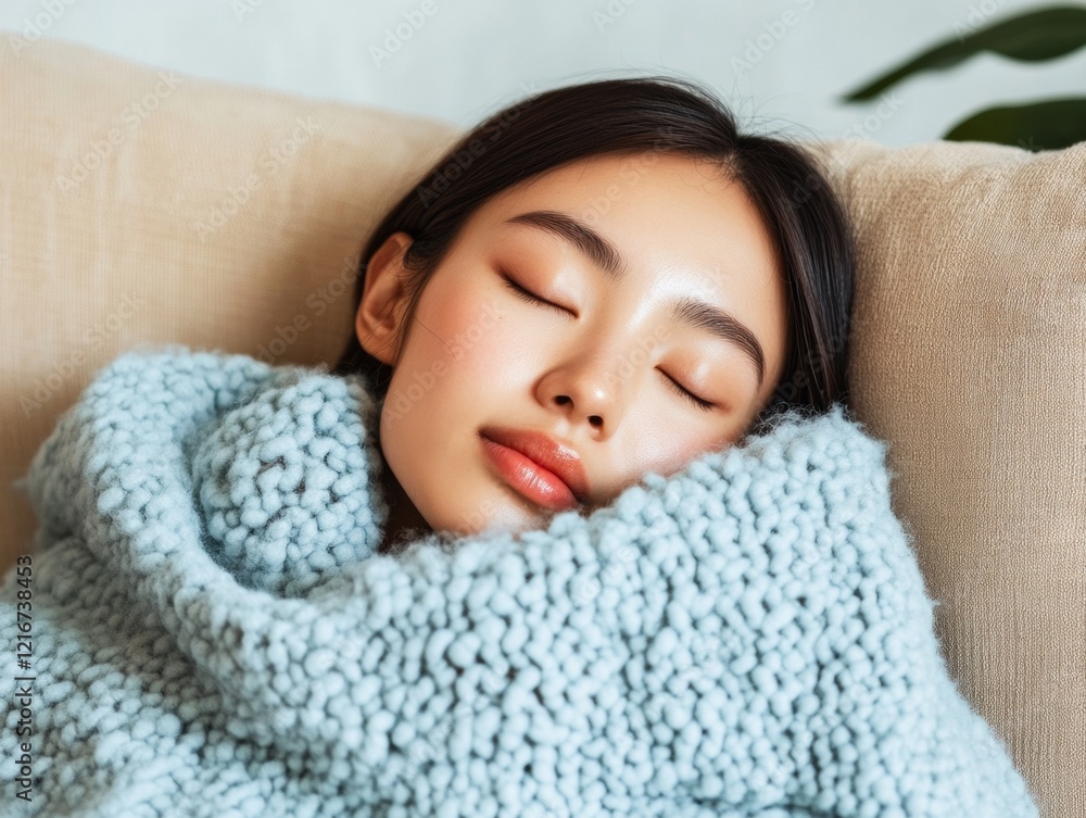 Serene Cozy Napping Moment Young Asian Woman on Beige Couch with Soft Blue Blanket - Modern Workplace Wellness and Relaxation Content for Stress Relief Serene Cozy Napping Moment Young Asian Woman on Beige Couch with Soft Blue Blanket - Modern Workplace Wellness and Relaxation Content for Stress Relief