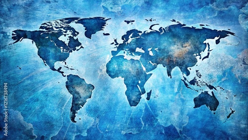 Abstract Blue Vintage Map Double Exposure Stock Photo - Grunge World Texture Background