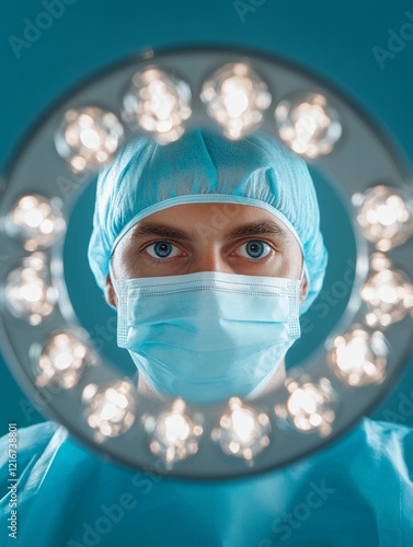 Contemporary Medical Aesthetic Surgical Team in Sterile Gowns and Masks, Illuminated Equipment - Advanced Healthcare Branding and Trust-Building Imagery for Medical Facilities photo