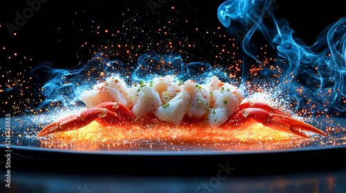 Flaming crab dish with sparks and smoke. photo