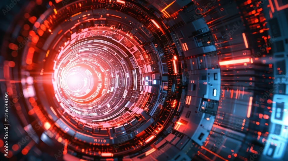 Fototapeta premium Abstract futuristic tunnel with glowing red lights and intricate digital patterns, symbolizing technology