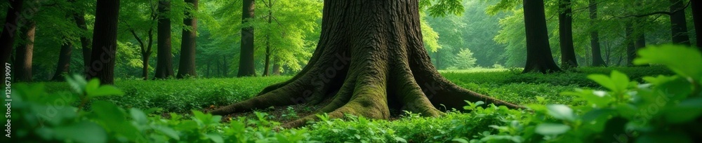 Dense foliage surrounds a towering tree trunk, nature, forest, greenery Dense foliage surrounds a towering tree trunk, nature, forest, greenery