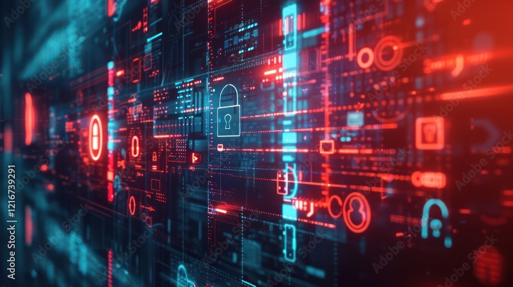 Abstract digital background with glowing security icons and data streams in a futuristic setting Abstract digital background with glowing security icons and data streams in a futuristic setting