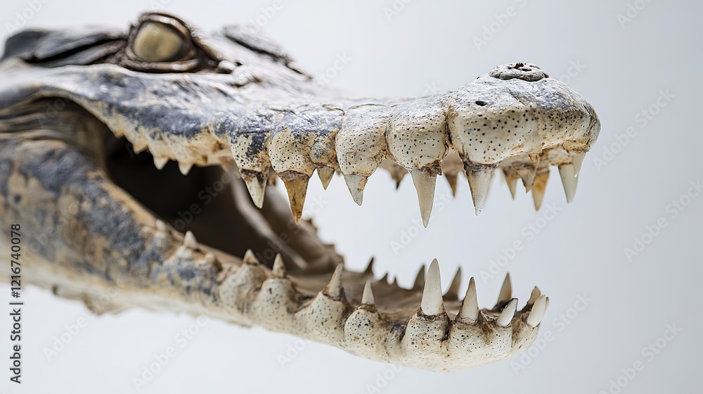 Obraz premium A close-up of the head and jaw of an alligator, focusing on its teeth and scales, against a white background. 