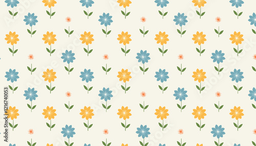 Seamless pattern with blue and yellow flowers. Vector illustration.