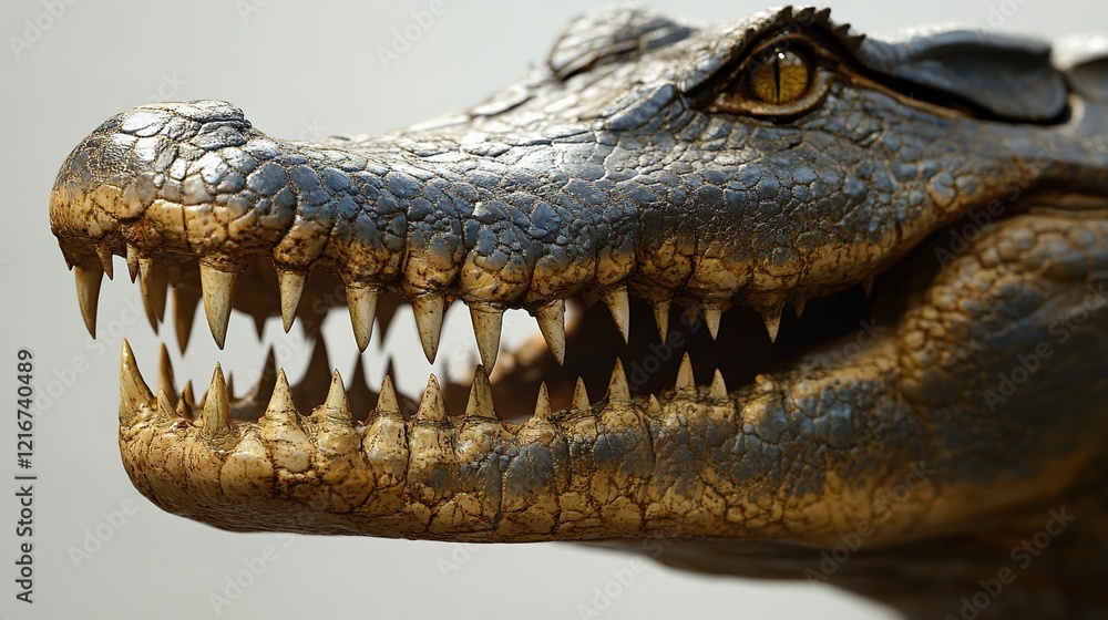 Obraz premium A close-up of the head and jaw of an alligator, focusing on its teeth and scales, against a white background. 