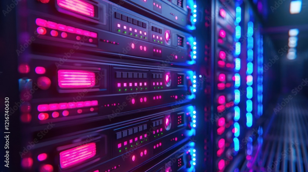Close-up view of illuminated server racks in a data center showcasing vibrant lights and technology Close-up view of illuminated server racks in a data center showcasing vibrant lights and technology