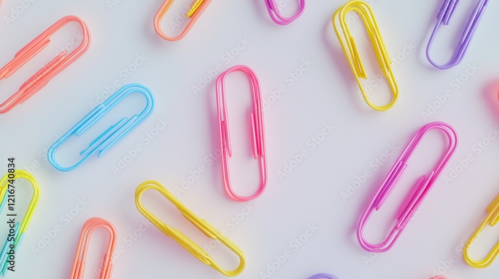 Colorful paperclips scattered on white background; office supplies; flatlay Colorful paperclips scattered on white background; office supplies; flatlay