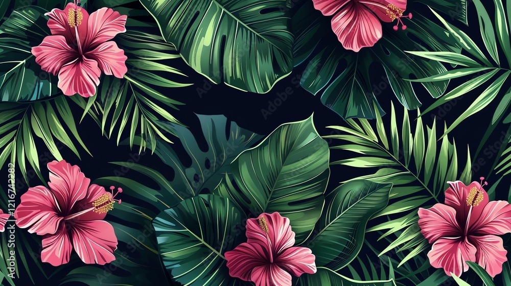 Tropical leaves and flowers seamless pattern. Tropical leaves and flowers seamless pattern.