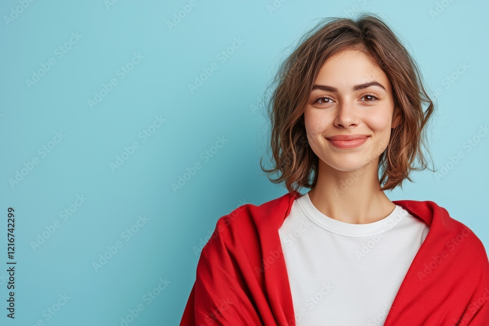 A cheerful Caucasian woman imitating a superhero, wearing a t-shirt and red cape. Her wavy hair and vibrant expression stand out against the blank blue background with copyspace. A cheerful Caucasian woman imitating a superhero, wearing a t-shirt and red cape. Her wavy hair and vibrant expression stand out against the blank blue background with copyspace.