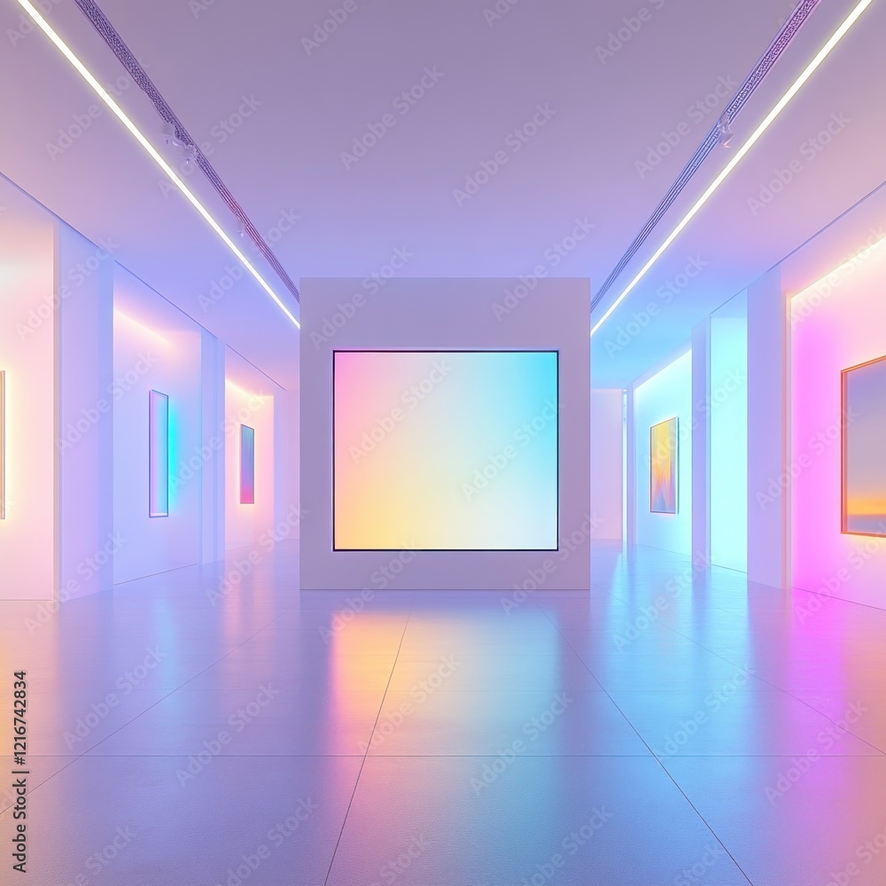 Neon-lit gallery showcasing vibrant art; calm background Neon-lit gallery showcasing vibrant art; calm background