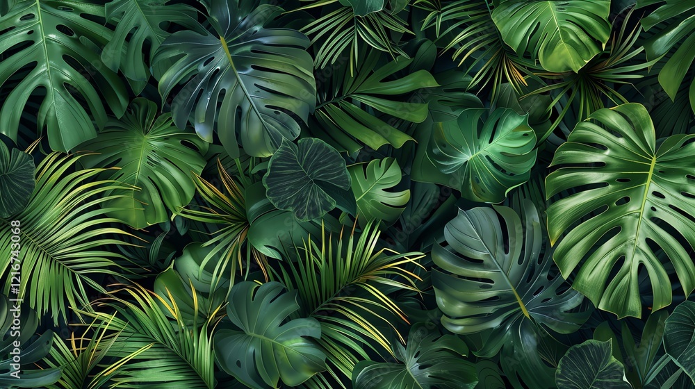 A background of lush green tropical leaves. A background of lush green tropical leaves.