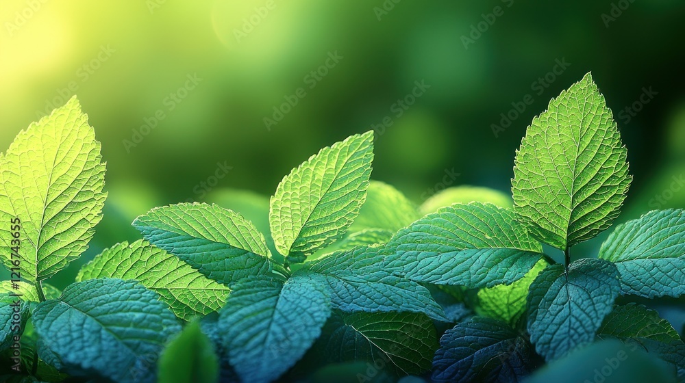 Sunlit mint leaves thrive in lush garden, bokeh background, ideal for eco-friendly themes Sunlit mint leaves thrive in lush garden, bokeh background, ideal for eco-friendly themes