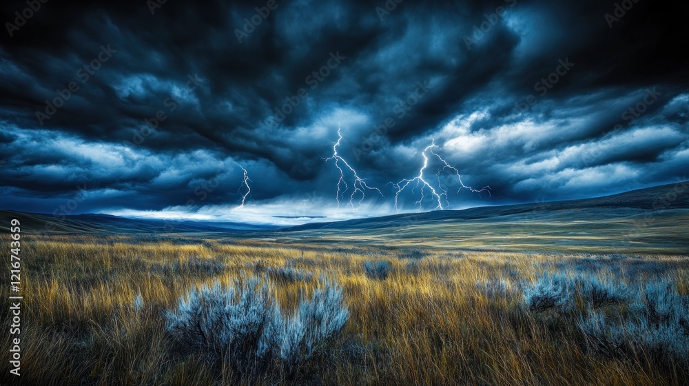 Obraz premium Dramatic lightning storm over a vast, grassy plain.