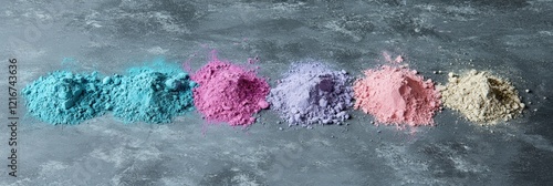 Colorful Powder Piles on a Gray Surface for Happy Holi, Festival of Colors Celebration. photo