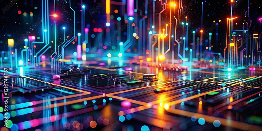 Abstract Digital Tech Background: Low Light Glowing Circuits & Data Streams Abstract Digital Tech Background: Low Light Glowing Circuits & Data Streams