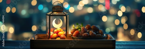 A plate of dates on a table with candle lantern for Happy Iftar muslim festival evening celebration. photo