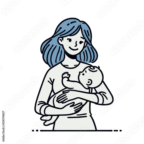 A mother tenderly holding her baby in a minimalistic, modern style. The illustration captures the loving bond between mother and child, ideal for parenting and maternity themes. Isolated vector illust