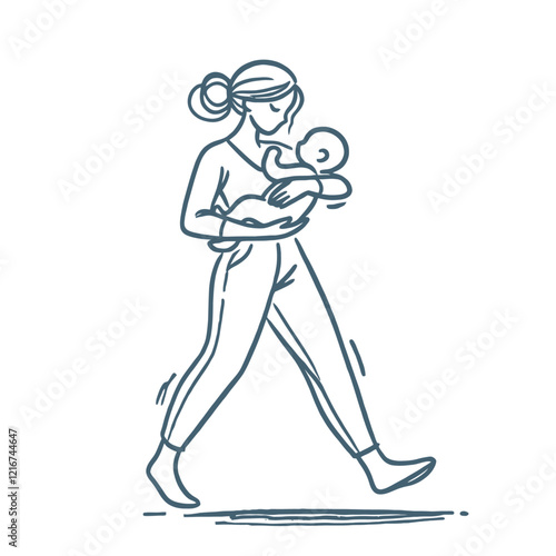 A modern sketch-style vector of a mother walking with her baby, symbolizing maternal care and bonding. Isolated vector illustration great for parenting and motherhood projects.