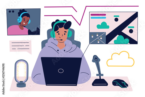 Gaming vector illustration, gamer wearing headset with microphone, working on laptop, playing online games, streaming video. Flat cartoon design for technology, entertainment, esports themes