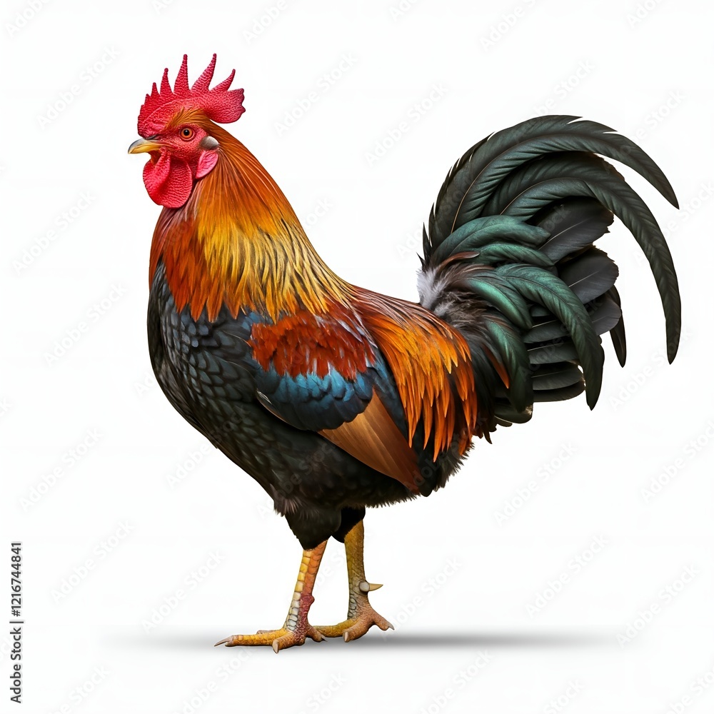 Fototapeta premium Realistic Rooster Standing with Black Tail and Orange Breast on Transparent Background