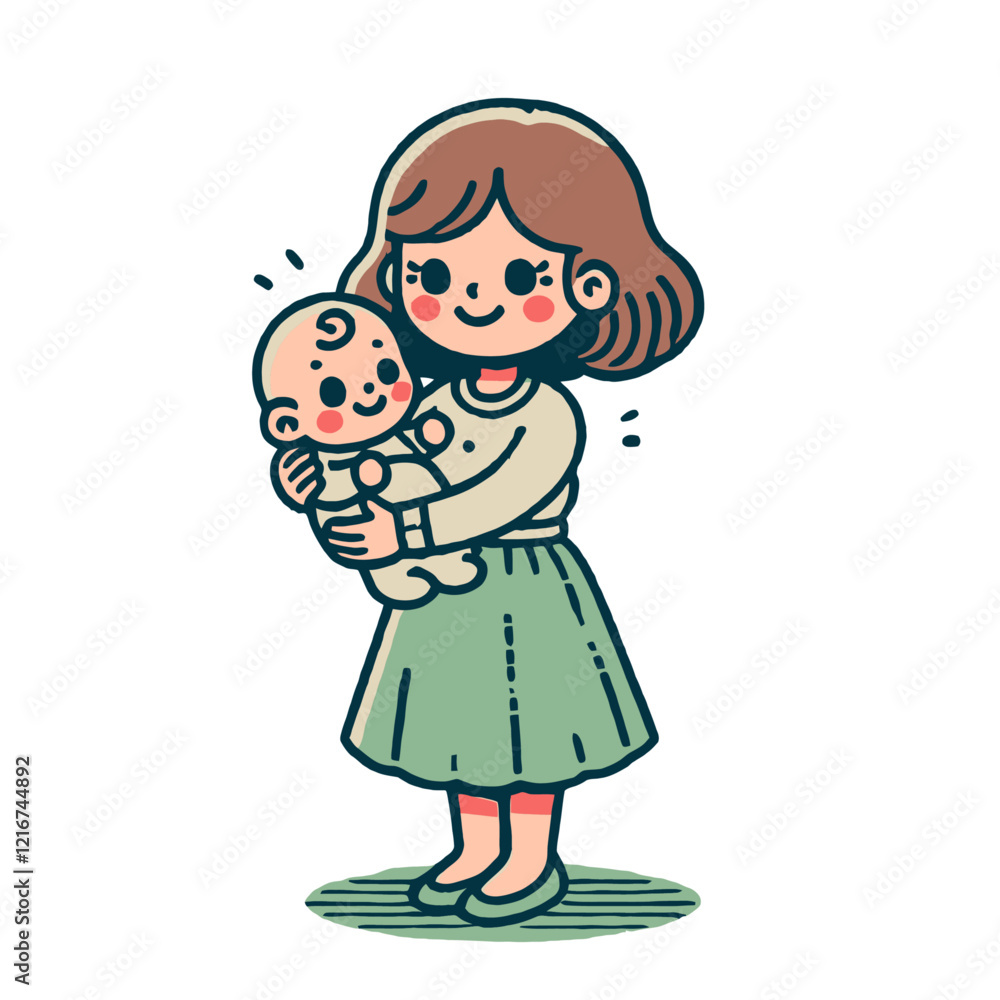 Cute mother holding a smiling baby in her arms, dressed in vintage style clothing, isolated vector illustration. Perfect for parenting, motherhood, and childcare designs. Cute mother holding a smiling baby in her arms, dressed in vintage style clothing, isolated vector illustration. Perfect for parenting, motherhood, and childcare designs.