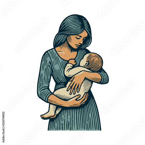 A beautiful illustration of a mother gently holding her baby, radiating warmth and love. Perfect for parenting, motherhood, and childcare concepts. Isolated vector illustration.