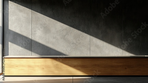 Sunlit modern interior, concrete wall, wooden bench, window light