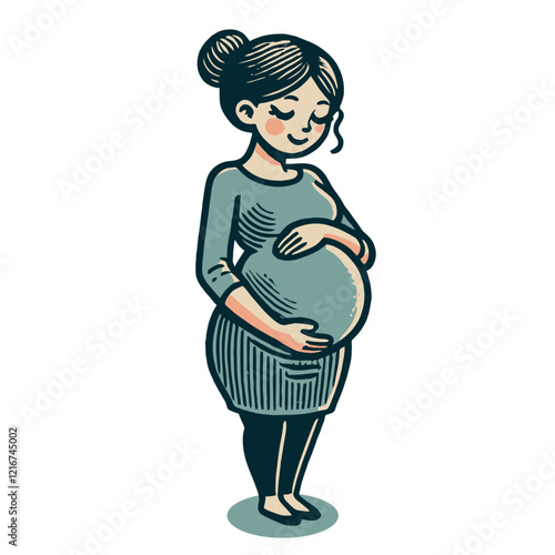 Vector illustration of a pregnant woman gently holding her belly, symbolizing maternity and anticipation of motherhood. Isolated vector illustration.