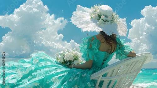 Woman in turquoise romantic lace dress and white hat on caribbean beach, sitting on white beach chair,  holding white bouquet, romantic oil painting