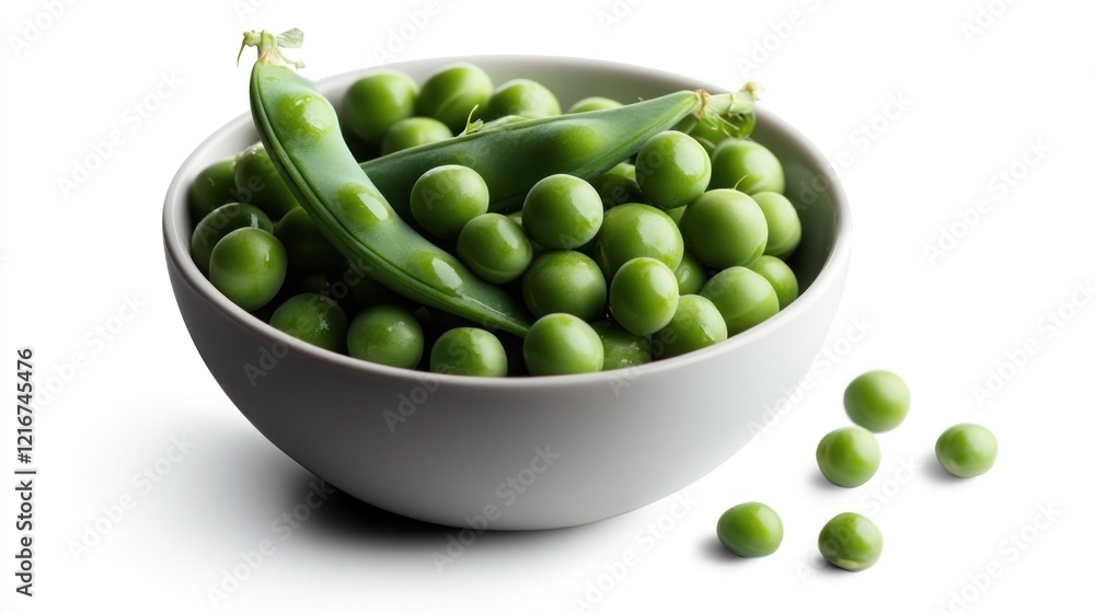 Fresh peas in bowl, studio shot, white background, healthy food Fresh peas in bowl, studio shot, white background, healthy food