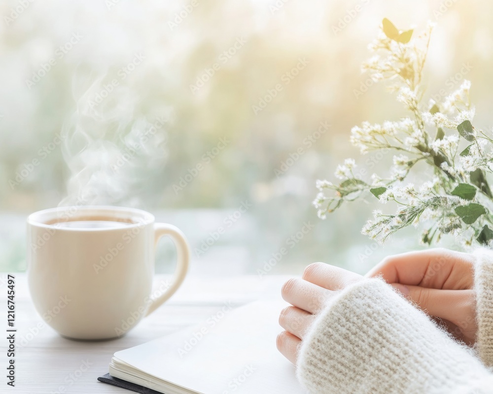 Mindful Journaling Soft Knit Sleeves and Herbal Tea on Wooden Desk - Tranquil Living Inspiration for Wellness Brands and Stress Relief Content Mindful Journaling Soft Knit Sleeves and Herbal Tea on Wooden Desk - Tranquil Living Inspiration for Wellness Brands and Stress Relief Content