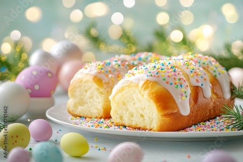 Delicious traditional Easter bread with sugar glaze and sprinkles on a festive table setting. Generative AI photo