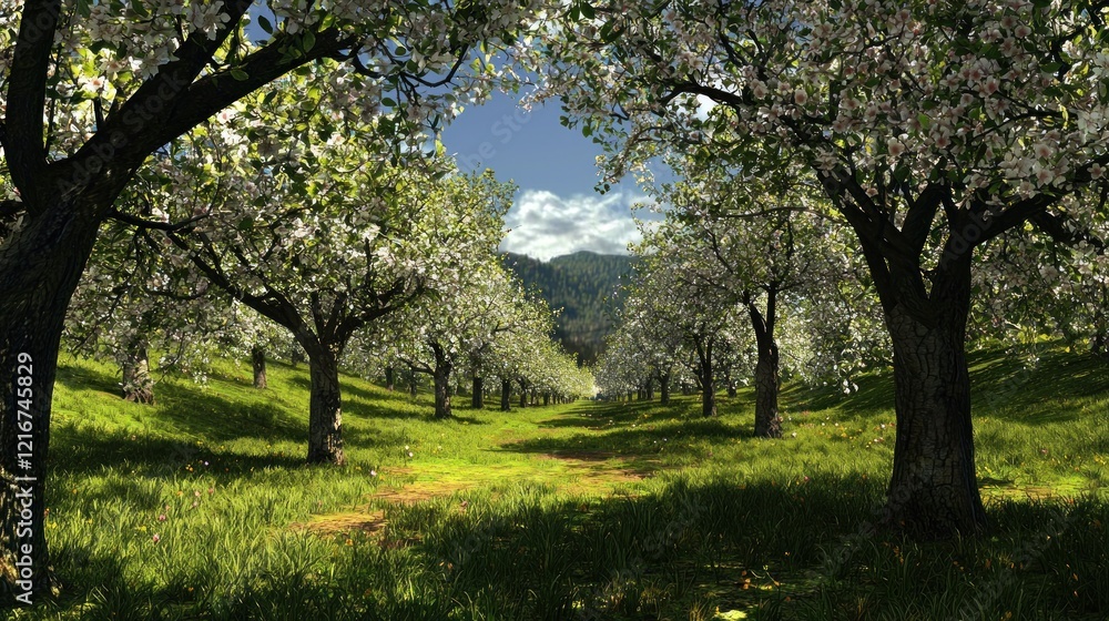 Blossoming orchard path, spring, valley, sun, idyllic, nature, landscape, digital art, wallpaper Blossoming orchard path, spring, valley, sun, idyllic, nature, landscape, digital art, wallpaper