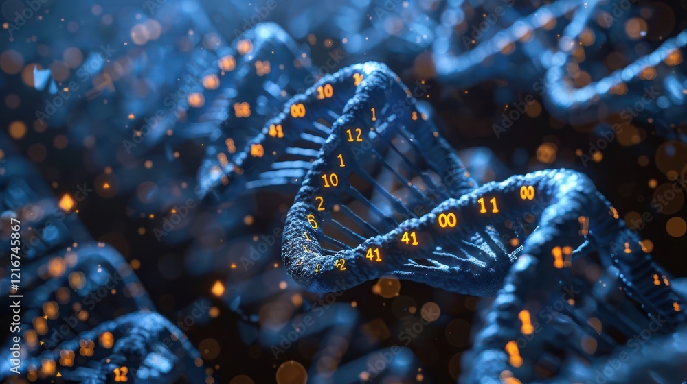 Abstract representation of a DNA double helix with glowing numbers and bokeh effect in background Abstract representation of a DNA double helix with glowing numbers and bokeh effect in background