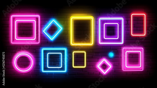 A seamless geometric pattern with overlapping circles and squares in bright neon colors.