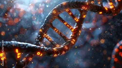 Intricate close-up of a DNA helix illuminated by glowing binary code in a mystical environment