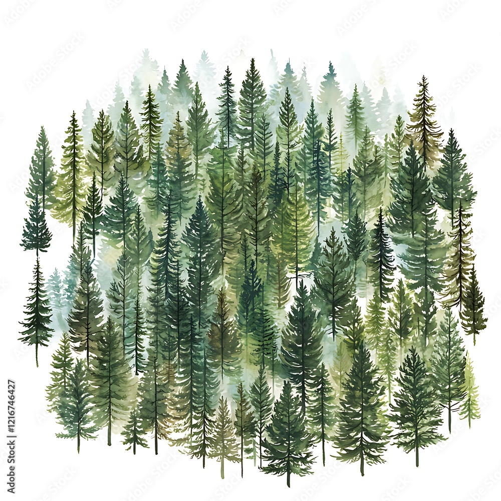 Fototapeta premium Watercolor Painting of a Misty Evergreen Forest.