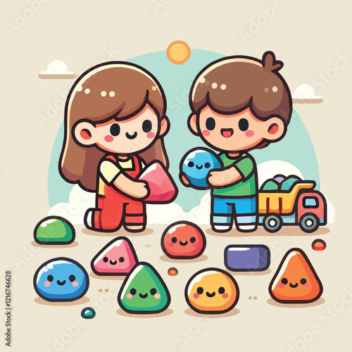 Happy children collecting colorful stones