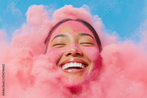 Vibrant Holi Celebration Young South Asian Woman in Colorful Powder Embraces Joy - Cultural Expression and Festive Branding in Modern Marketing Campaigns photo