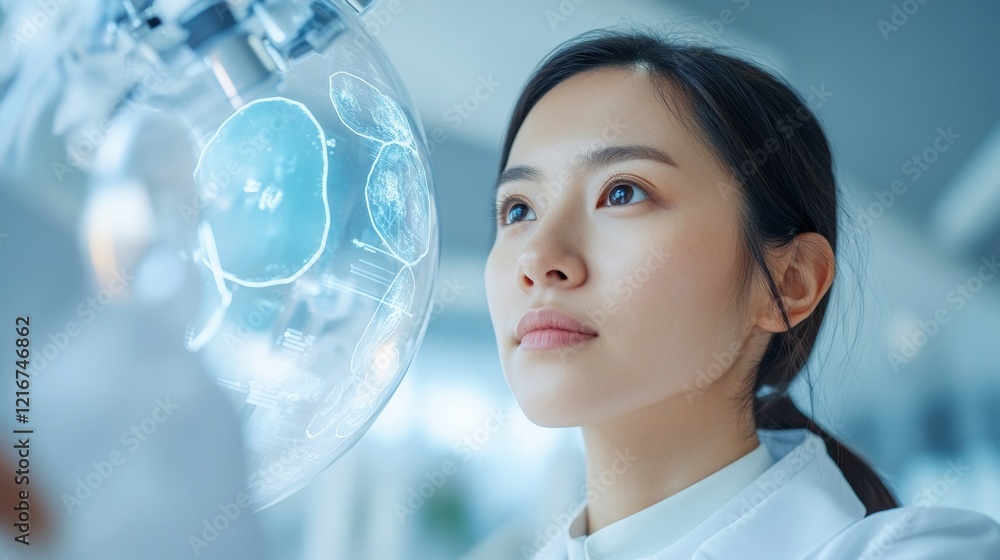 Futuristic Wellness Young Asian Female Doctor Engages with Holographic Interface in Clinical Setting - Health Tech Innovation and Personal Growth in Modern Medical Care Futuristic Wellness Young Asian Female Doctor Engages with Holographic Interface in Clinical Setting - Health Tech Innovation and Personal Growth in Modern Medical Care