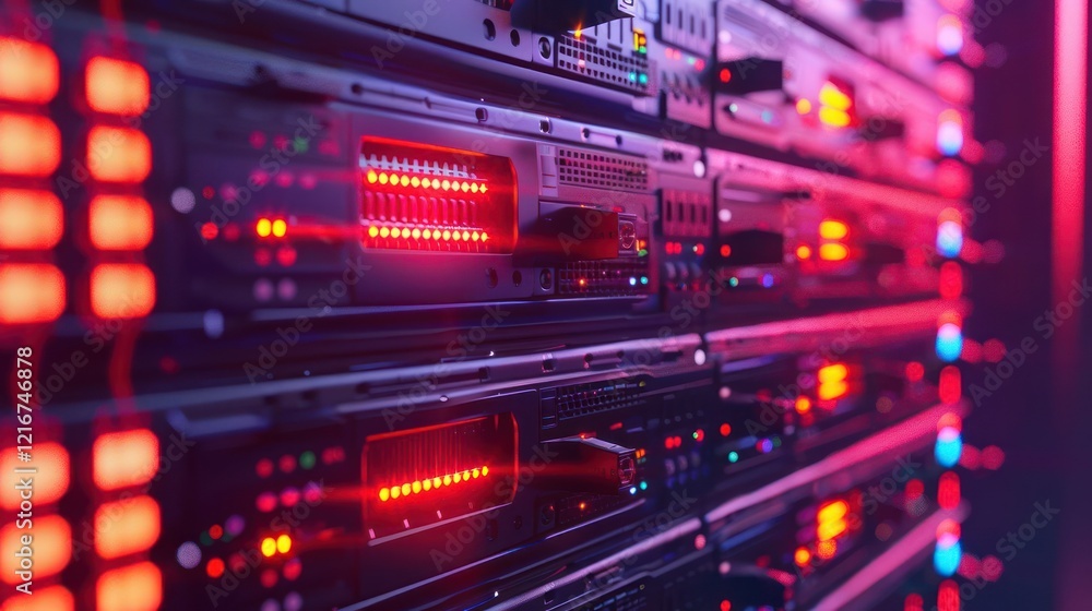 Close-up view of illuminated server racks in a data center showcasing technology in action (6) Close-up view of illuminated server racks in a data center showcasing technology in action (6)
