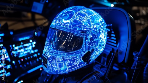 Illuminated helmet in vehicle cockpit, nighttime, technology photo