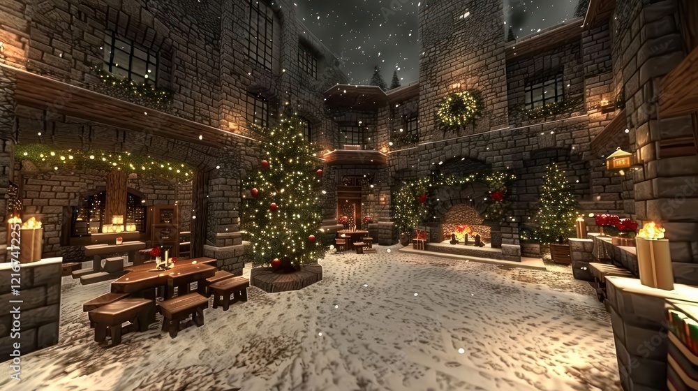 Obraz premium Cozy winter courtyard adorned with festive decorations, snow falling, warm ambiance, inviting atmosphere