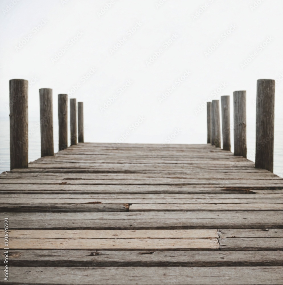 Fototapeta premium A Calm and Serene Wooden Pier Standing Over Still Water in a Mystically Misty Atmosphere