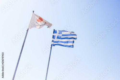 Greek and Cyprus flags together in the sky photo