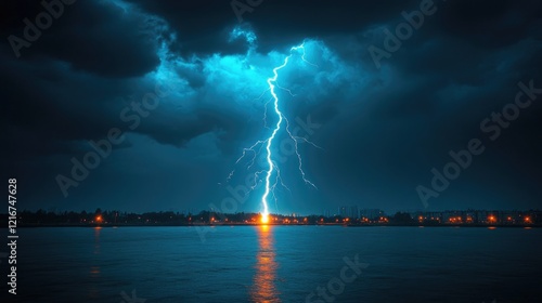 Powerful Lightning Strike Over City At Night