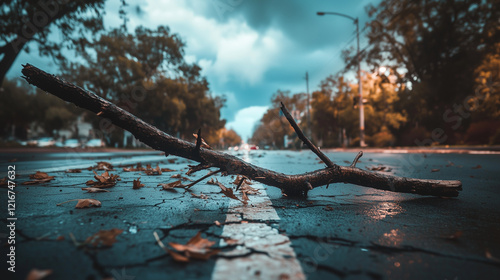 Broken tree branch on cracked pavement surrounded by scattered leaves and debris, depicting aftermath of strong winds and stormy weather, environmental damage concept.